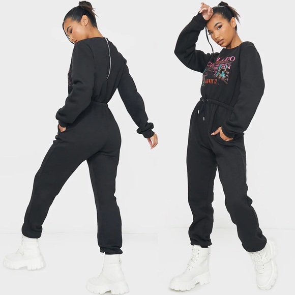 PrettyLittleThing Pants - Black Colorado Long Sleeve Sweat Jumpsuit